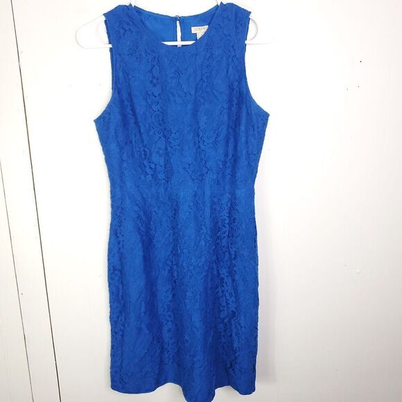 J Crew Dress Womens 6 Royal Blue Lace Overlay Lined Floral Keyhole Zip Back - Picture 1 of 11